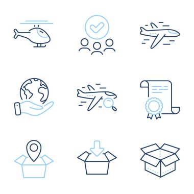 Kutuyu aç, helikopter ve kutu satırı simgelerini hazırla. Diploma sertifikası, gezegeni kurtarmak, bir grup insan. Paket konumu, arama uçuşu ve uçak işaretleri. Vektör