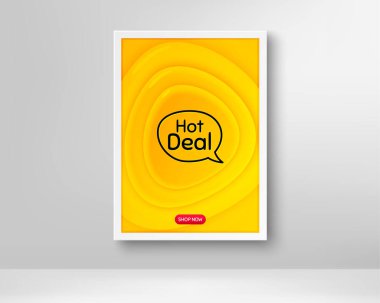 Harika bir anlaşma. Turuncu posterli çerçeve. Özel fiyat tabelası. Reklam indirimleri sembolü. Akışkan eğimli şekiller ve sohbet baloncukları. Plastik arka planlı pankart. Müthiş bir konuşma balonu. Vektör