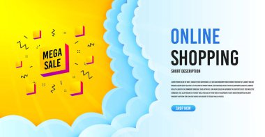 Mega satış rozeti. Bulutların pankart şablonu. İndirimli afiş şekli. Kupon kare simgesi. İnternetteki bulutlu alışveriş afişi. Mega satış promosyon rozeti. Tanıtım broşürü tasarımı. Vektör