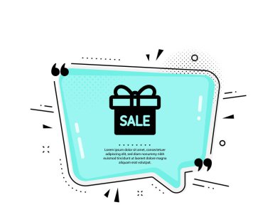Hediye kutusu simgesi. Konuşma baloncuğu. Hediye ya da indirim tabelası. Doğum günü alışveriş sembolü. Hediye paketinde paket var. Tırnak işaretleri. Klasik satış teklifi ikonu. Vektör