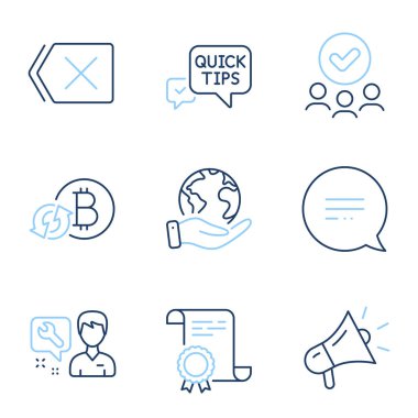 Megafon, hızlı ipuçları ve bitcoin satır simgeleri ayarlandı. Diploma sertifikası, gezegeni kurtarmak, bir grup insan. Mesaj, 