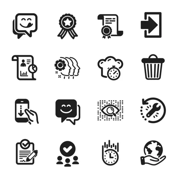 Set Technology Icons Rfp Trash Bin Certificate Approved Group Planet — Stock Vector