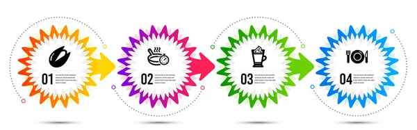 拿铁咖啡 梨子坚果和食物图标简单设置 时间线走在信息图表上 烤平底锅标志 热饮与奶油 烹调计时器 食物和饮料集合 — 图库矢量图片