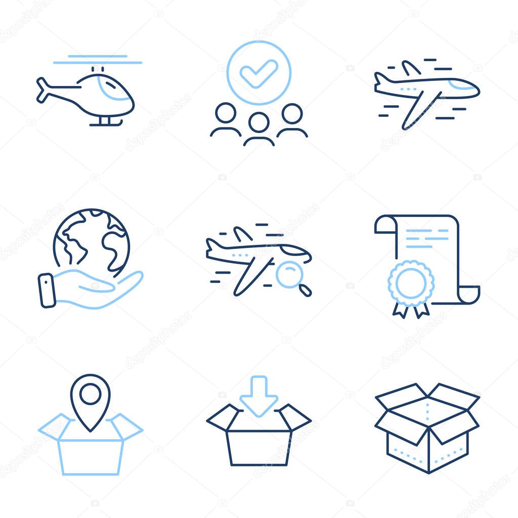 Open box, Helicopter and Get box line icons set. Diploma certificate, save planet, group of people. Package location, Search flight and Airplane signs. Vector