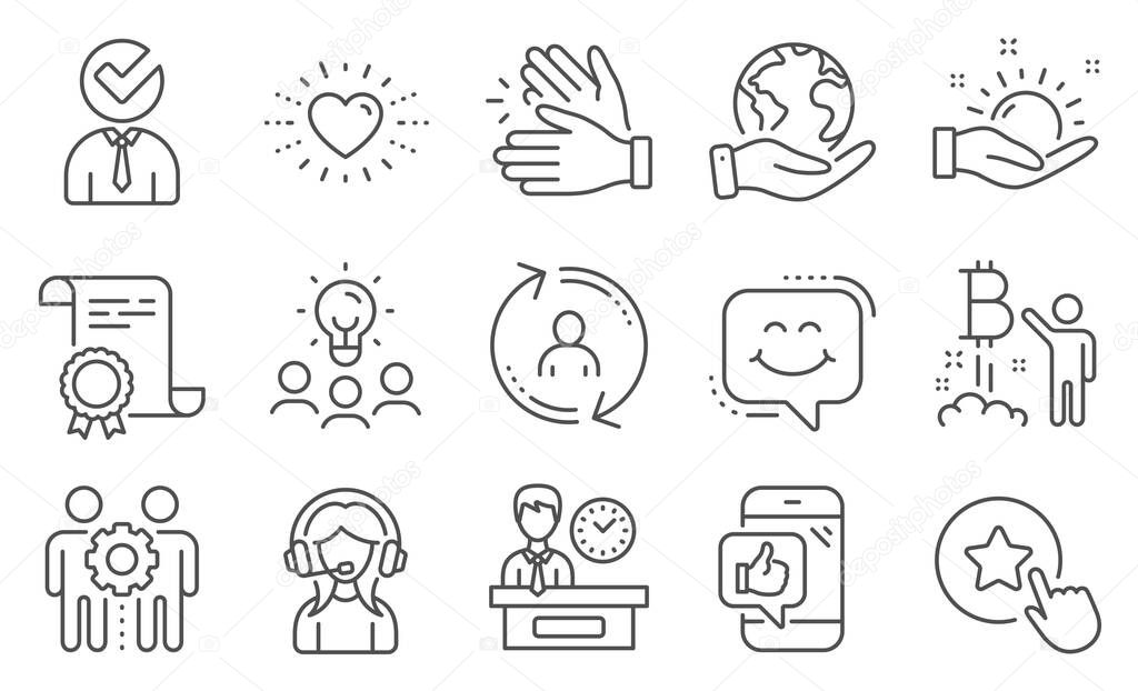 Set of People icons, such as Clapping hands, Vacancy. Diploma, ideas, save planet. Support, User info, Heart. Employees teamwork, Loyalty star, Smile chat. Vector
