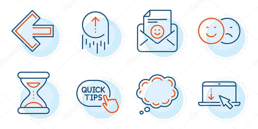 Swipe up, Quick tips and Like signs. Smile, Scroll down and Comic message line icons set. Left arrow, Time symbols. Positive mail, Landing page. Technology set. Outline icons set. Vector