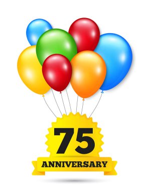 75 'inci yıl dönümü. Bir sürü balon. 75 yıldır ikonu kutluyoruz. Renkli helyum parti balonları. Doğum günü kutlamanız kutlu olsun. Vektör