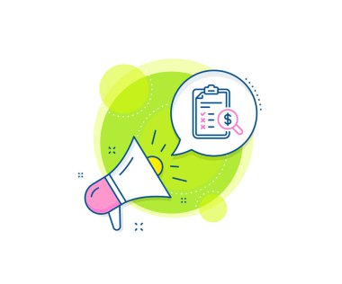 Denetim işareti. Megafon tanıtım kompleksi ikonu. Muhasebe raporu simgesi. Finans sembolünü kontrol et. İş pazarlama afişi. Muhasebe raporu. Vektör