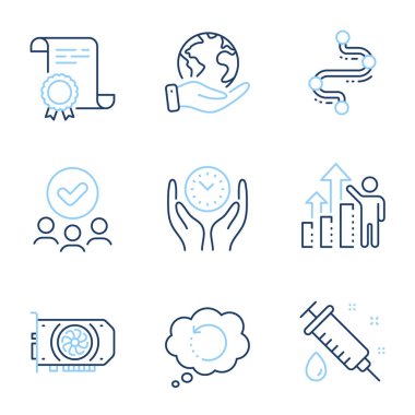 Gpu, Kurtarma verileri ve Güvenli zaman çizelgesi simgeleri ayarlandı. Diploma sertifikası, gezegeni kurtarmak, bir grup insan. Zaman çizelgesi, tıbbi şırınga ve çalışanların sonuç tabelaları. Grafik kart, yedekleme bilgisi, yönetim. Vektör