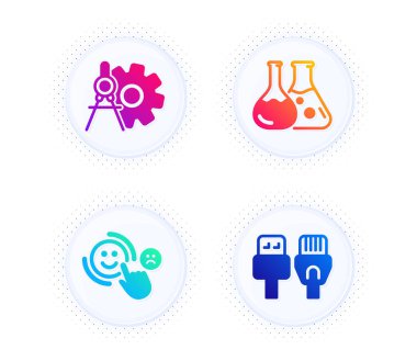 Müşteri memnuniyeti, kimya laboratuvarı ve çark ayırıcıları basit simgeler. Yarım tonlu noktalı düğme. Bilgisayar kablosu imzası. Mutluluk gülümsemesi, Laboratuvar, Ayarlar. Rj45 internet. Teknoloji hazır. Vektör