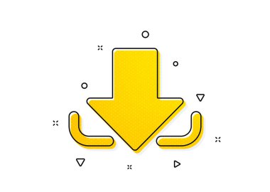 Aşağı ok başı sembolü. Ok simgesini indir. Yön veya işaret levhası. Sarı daireler şeklinde. Klasik indirme simgesi. Geometrik elementler. Vektör