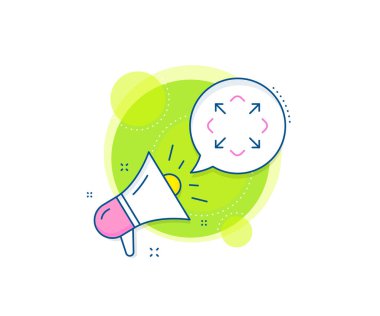 Tam ekran sembolü. Megafon tanıtım kompleksi ikonu. Ok çizgi simgesini büyüt. Navigasyon işaretini maksimuma çıkarın. İş pazarlama afişi. İşareti büyüt. Vektör