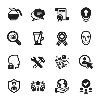 Metin Mesajı, Veri Analizi gibi iş simgeleri. Sertifika, onaylı grup, gezegeni kurtarma. Kullanıcı, anahtar aracı, ödeme yöntemi. Kaydır, kahve kabı, yüz biyometrisi. Vektör