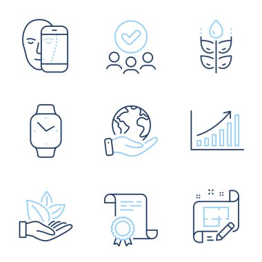 Mimarlık planı, organik ürün ve glüten serbest hat simgeleri ayarlandı. Diploma sertifikası, gezegeni kurtarmak, bir grup insan. Yüz biyometrisi, grafik çizelgesi ve Smartwatch işaretleri. Vektör