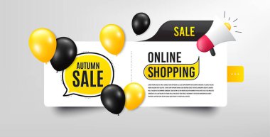 Sonbahar Satışı. Balonlu pankart. Özel fiyat tabelası. Reklam indirimi sembolü. Konuşma balonu megafonu. İnternetten balonlu alışveriş afişi. Sonbahar satış promosyonu. Vektör