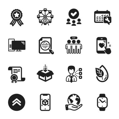 Swipe up, Heart Rating gibi bir dizi teknoloji ikonu. Sertifika, onaylı grup, gezegeni kurtarma. Bilgisayar, Smartwatch, dönme dolap. Üçüncü şahıs, kutuyu getir, Spanner. Vektör