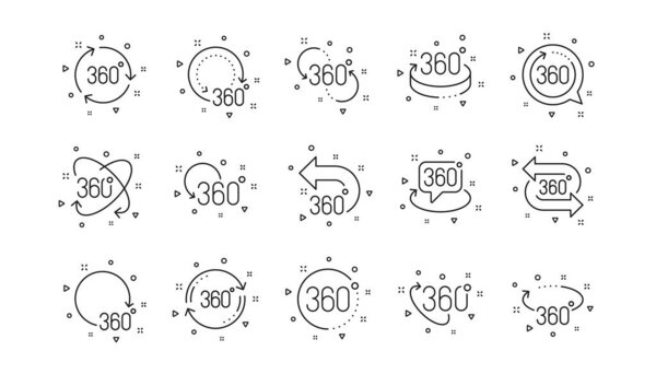 Rotate arrow, VR panoramic simulation and augmented reality. 360 degrees line icons. 360 degrees virtual gaming, abstract geometry, full rotation view icons. Linear set. Geometric elements. Vector