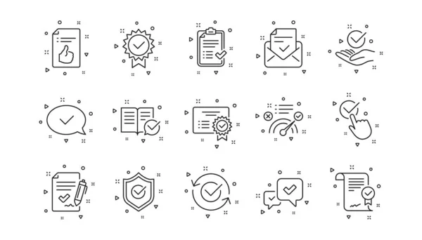 Checklist Certificaat Award Medaille Aanvaard Lijn Pictogrammen Duimt Gecertificeerde Document — Stockvector