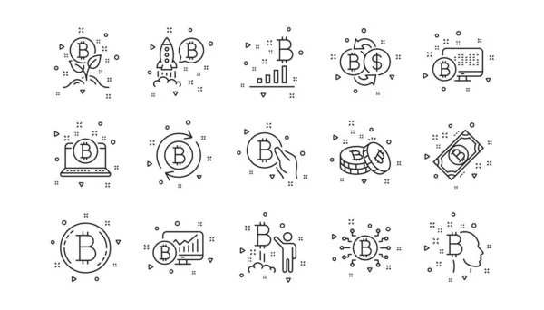 Blockchain Crypto Ico Bitcoin Iconos Línea Criptomoneda Conjunto Iconos Lineales — Vector de stock