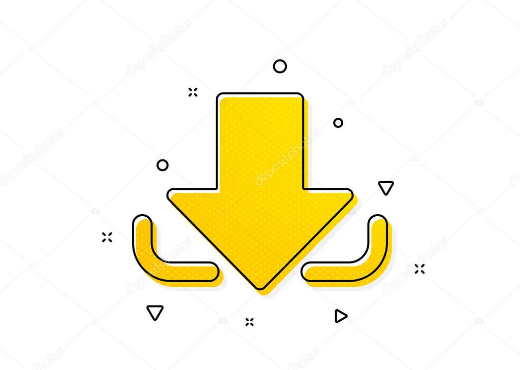 Down arrowhead symbol. Download Arrow icon. Direction or pointer sign. Yellow circles pattern. Classic download icon. Geometric elements. Vector