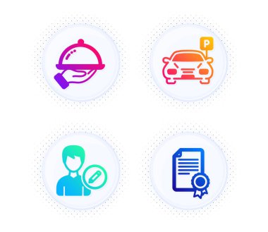 Otopark, Düzenleyici ve Restoran yemek ikonları basit set. Yarım tonlu noktalı düğme. Sertifika tabelası. Otopark, kullanıcı bilgilerini değiştir, oda servisi. Diploma. İş seti. Vektör