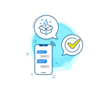 Yaratıcılık işareti. Telefon mesajları kompleks simgesi. Kutu çizgisi simgesinden. Yıldırım sembollü hediye kutusu. Haberci sohbet ekranı afişi. Yaratıcı fikir işareti. Vektör