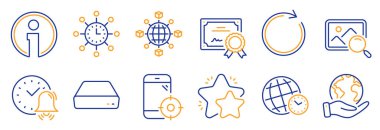 Seo phone, Time Zone gibi bir dizi teknoloji ikonu. Sertifika, gezegeni kurtar. Yıldız, Arama fotoğrafı, Lojistik ağı. Bilgi, Senkronize, Alarm Çanı. Dünya zamanı, Mini PC çizgi simgeleri. Vektör