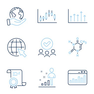 İnternet, Pazarlama istatistikleri ve Candlestick grafik çizgisi simgeleri ayarlandı. Diploma sertifikası, gezegeni kurtarmak, bir grup insan. Büyüme grafiği, istatistikler ve kimyasal formül işaretleri. Vektör