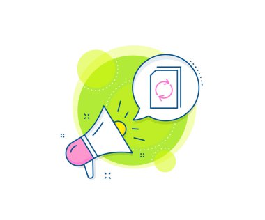 Bilgi Dosyasını Yenile işareti. Megafon tanıtım kompleksi ikonu. Belge satır simgesini güncelle. Kağıt sayfa konsept sembolü. İş pazarlama afişi. Belge işaretini güncelle. Vektör