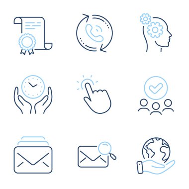 Güvenli zaman, Mail ve Touchpoint çizgi simgeleri ayarlandı. Diploma sertifikası, gezegeni kurtarmak, bir grup insan. Düşünceler, arama postaları ve çağrı merkezi işaretleri. Saati tut, yeni mesajlar, dokunma teknolojisi. Vektör