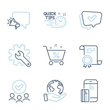 Temassız ödeme, hızlı ipuçları ve megafon hattı simgeleri ayarlandı. Diploma sertifikası, gezegeni kurtarmak, bir grup insan. Gümrük, Kredi ve Onaylanmış İşaretler. Vektör