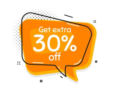 Ekstra% 30 indirim al. Sohbet balonu. İndirimli fiyat tabelası. Özel teklif sembolü. Yüzde 30 tasarruf ederiz. Replikli konuşma balonu. Ekstra indirimli tanıtım metni. Vektör