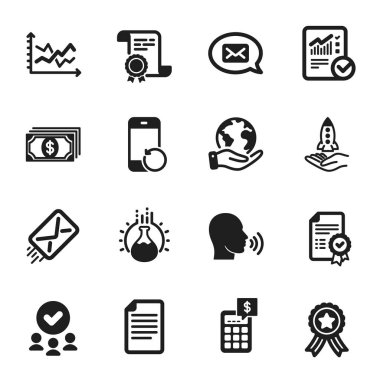 Eğitim simgeleri kümesi, sertifika, hesap makinesi gibi. Sertifika, onaylı grup, gezegeni kurtarma. Hesaplama, ödeme, diyagram çizelgesi. Kitle fonlaması, Kimya deneyi, Haberci. Vektör