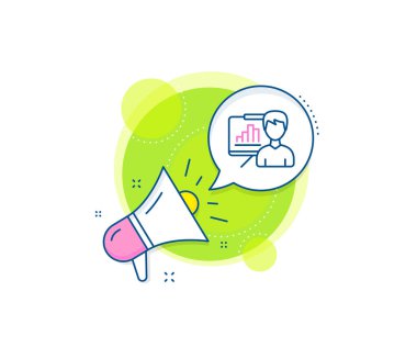 Sütun işareti. Megafon tanıtım kompleksi ikonu. Sunum tahtası çizgisi simgesi. Büyüme diyagramı sembolü. İş pazarlama afişi. Sunum kurulu tabelası. Vektör