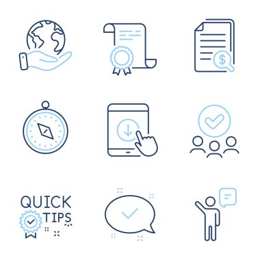 Finansal belgeler, seyahat pusulası ve satır simgeleri ayarlandı. Diploma sertifikası, gezegeni kurtarmak, bir grup insan. Hızlı ipuçları, Ajan ve Onaylanmış İşaretler. Vektör