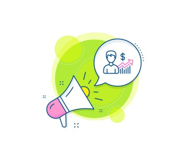 Büyüme tabelalı dolar. Megafon tanıtım kompleksi ikonu. İş sonuçları çizgisi simgesi. İş pazarlama afişi. İş büyümesi işareti. Vektör