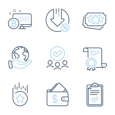 Cüzdan, kredi ve sadakat puanları çizgisi simgeleri ayarlandı. Diploma sertifikası, gezegeni kurtarmak, bir grup insan. Bitcoin sistemi, Sadakat Yıldızı ve Kontrol Listesi işaretleri. Vektör