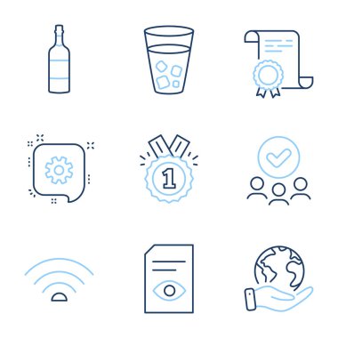 Wifi, Onaylanmış ve Görünümlü belge satırı simgeleri ayarlandı. Diploma sertifikası, gezegeni kurtarmak, bir grup insan. Buzlu çay, konyak şişesi ve çark tabelaları. Wi-fi internet, kazanan rozeti, açık dosya. Vektör
