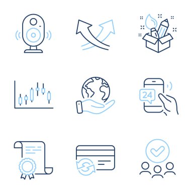 Kavşak okları, kartı değiştir ve 24h servis satırı simgeleri ayarlandı. Diploma sertifikası, gezegeni kurtarmak, bir grup insan. Sözcü, Candlestick grafiği ve yaratıcılık işaretleri. Vektör