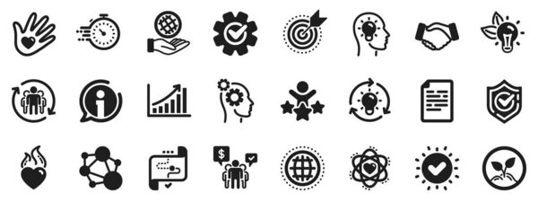 Целостность, целевая цель и стратегия. Значки основных значений. Рукопожатие доверия, социальная ответственность, иконки целей обязательств. График роста, инновации, сеть базовых ценностей. Вектор
