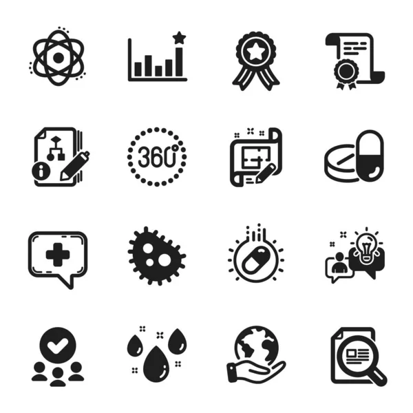 Set Science Icons Medical Drugs Efficacy Certificate Approved Group Planet — Stock Vector
