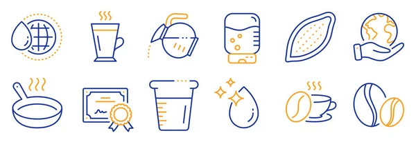 Set of Food and drink icons, such as Coffee pot, Frying pan. Certificate, save planet. Water drop, Water cooler, Cooking beaker. Coffee beans, Cocoa nut, Latte line icons. Vector