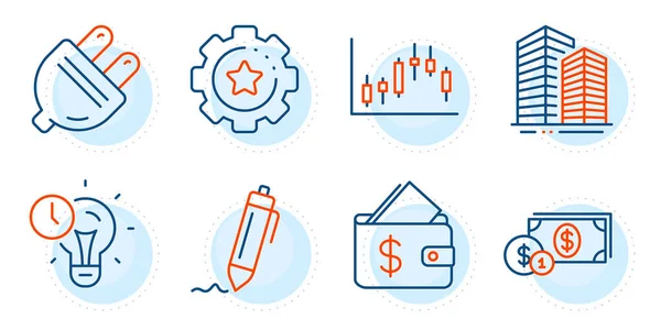 Settings gear, Wallet and Skyscraper buildings signs. Electric plug, Candlestick graph and Dollar money line icons set. Time management, Signature symbols. Energy, Finance chart. Vector