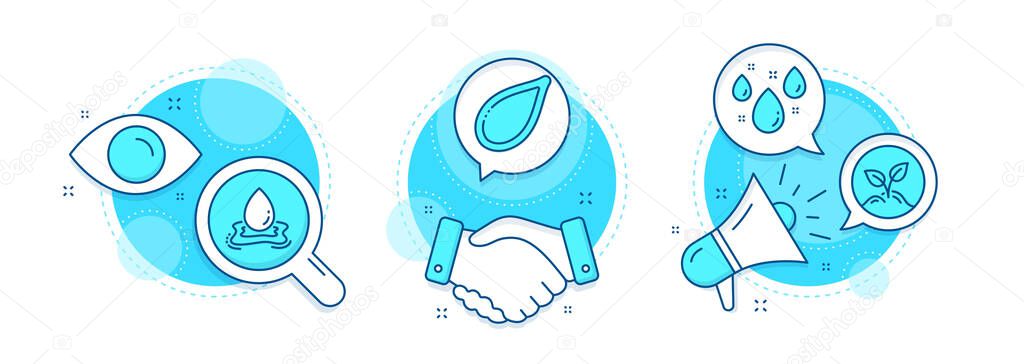 Rainy weather, Water splash and Startup line icons set. Handshake deal, research and promotion complex icons. Pumpkin seed sign. Water drop, Aqua drop, Launch project. Vegetarian food. Vector