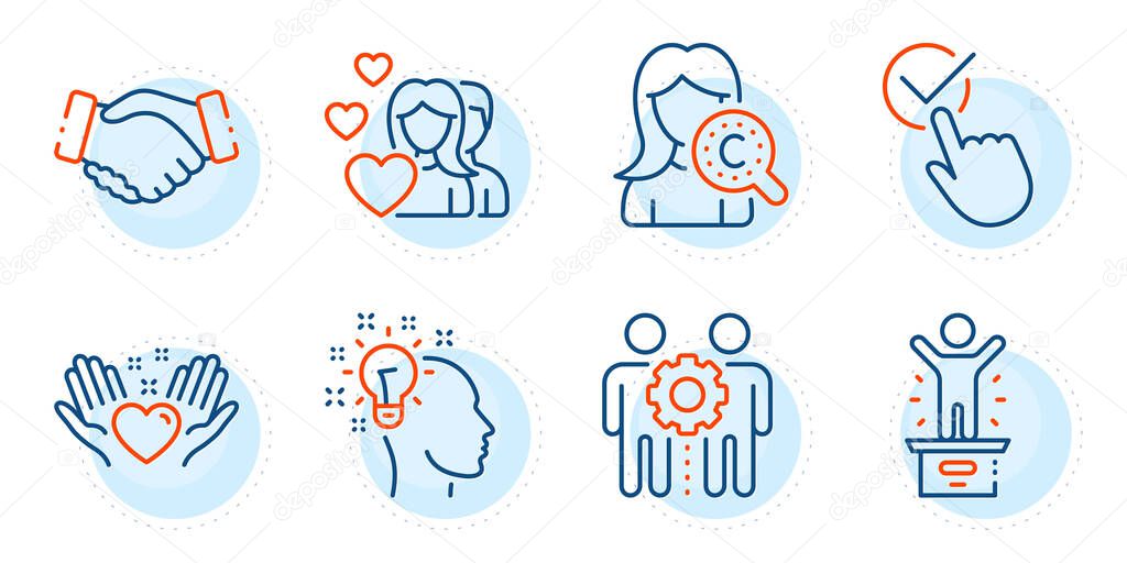 Handshake, Couple and Idea signs. Hold heart, Collagen skin and Winner podium line icons set. Employees teamwork, Checkbox symbols. Friendship, Skin care. People set. Outline icons set. Vector