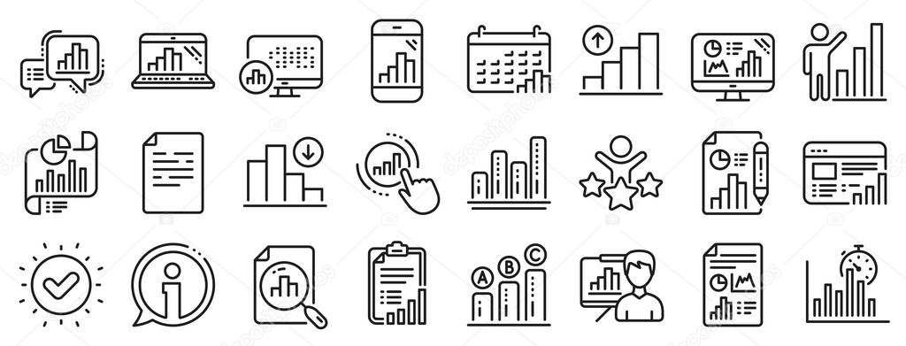 Set of Chart presentation, Report, Increase growth graph icons. Graph line icons. Analytics testing, Falling demand, Pie chart report. Calendar statistics, Stats. Ab testing, Increase sales. Vector