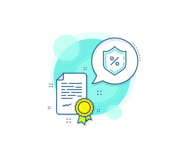 Koruma kalkanı işareti. Sertifika kompleksi simgesi. Borç yüzde ikonu. Kredi yüzdesi sembolü. Sertifika veya diploma belgesi. Borç yüzde işareti. Vektör