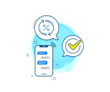 İndirim tabelası. Telefon mesajları kompleks simgesi. Kredi güncelleme çizgisi simgesi. Kredi yüzdesi sembolü. Haberci sohbet ekranı afişi. Borç yüzde işareti. Vektör