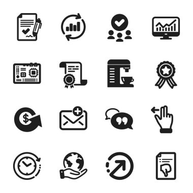 Bir dizi Teknoloji ikonu, Alıntı kabarcığı, Yönlendirme gibi. Sertifika, onaylı grup, gezegeni kurtarma. Yeni posta, dokunmatik ekran jesti, zaman değişimi. Vektör