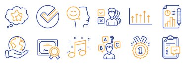 Bilgi Testi, Doğrulama gibi bir dizi Eğitim simgesi. Sertifika, gezegeni kurtar. Yıldızlar, iyi ruh hali, büyüme çizelgesi. Onaylandı, Fikir, Müzik Notası. Kontrol listesi, belge satırı simgelerini raporla. Vektör